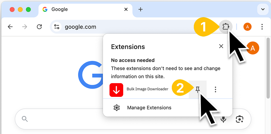 Step 1 — pin Bulk Image Downloader to the toolbar
